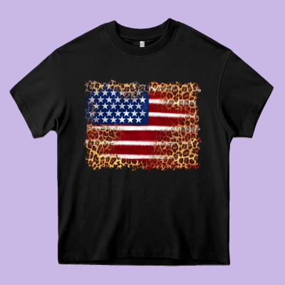 American Flag And Leopard Heavy Core Tee Designed By Artiststas