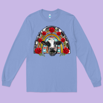Black And White Baby Cow Floral Rose Rainbow Long Sleeve Tee Designed By Barkaloodesign