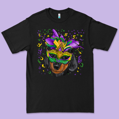 Premium Tee Mardi Gras Dachshund Puppy with Mask