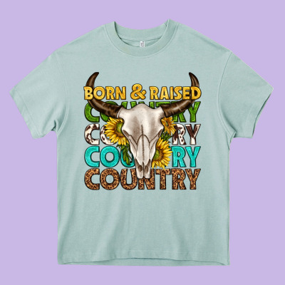 Born And Raised Country Western Heavy Core Tee Designed By Texasbilliewilder