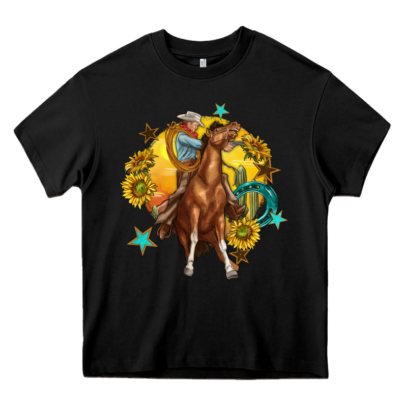 Bucking Horse With Cowboy And Sunflower Heavy Core Tee by texasbilliewilder | Teevron