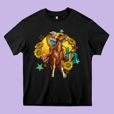 Bucking Horse With Cowboy And Sunflower Heavy Core Tee Designed By Texasbilliewilder
