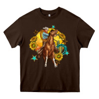 Chocolate Brown bucking horse with cowboy and sunflower Heavy Core Tee - texasbilliewilder