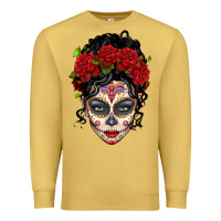 Antique Gold mexican sugar skull messy bun woman Premium Sweatshirt - LillyAllenDesigns