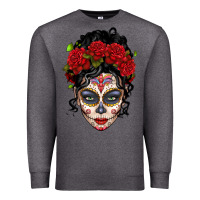 Charcoal Heather mexican sugar skull messy bun woman Premium Sweatshirt - LillyAllenDesigns