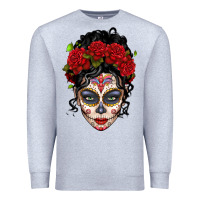 Heather Grey mexican sugar skull messy bun woman Premium Sweatshirt - LillyAllenDesigns