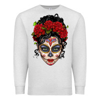 Oatmeal Heather mexican sugar skull messy bun woman Premium Sweatshirt - LillyAllenDesigns
