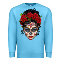 Ocean Blue mexican sugar skull messy bun woman Premium Sweatshirt - LillyAllenDesigns