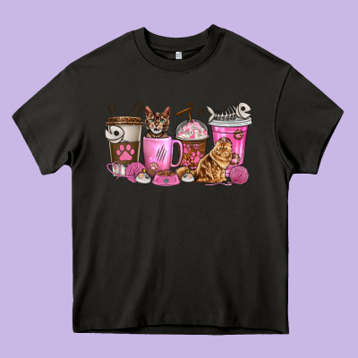 Cat Coffee Cups Heavy Core Tee Designed By Texasbilliewilder
