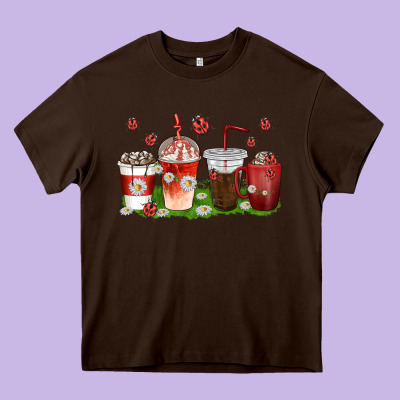 Coffee Cups Lady Bug With Daisies Heavy Core Tee Designed By Texasbilliewilder
