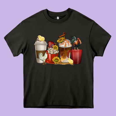 Coffee Cups Rooster Heavy Core Tee Designed By Texasbilliewilder