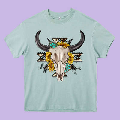 Cow Aztec Western Bull Skull Heavy Core Tee Designed By Texasbilliewilder