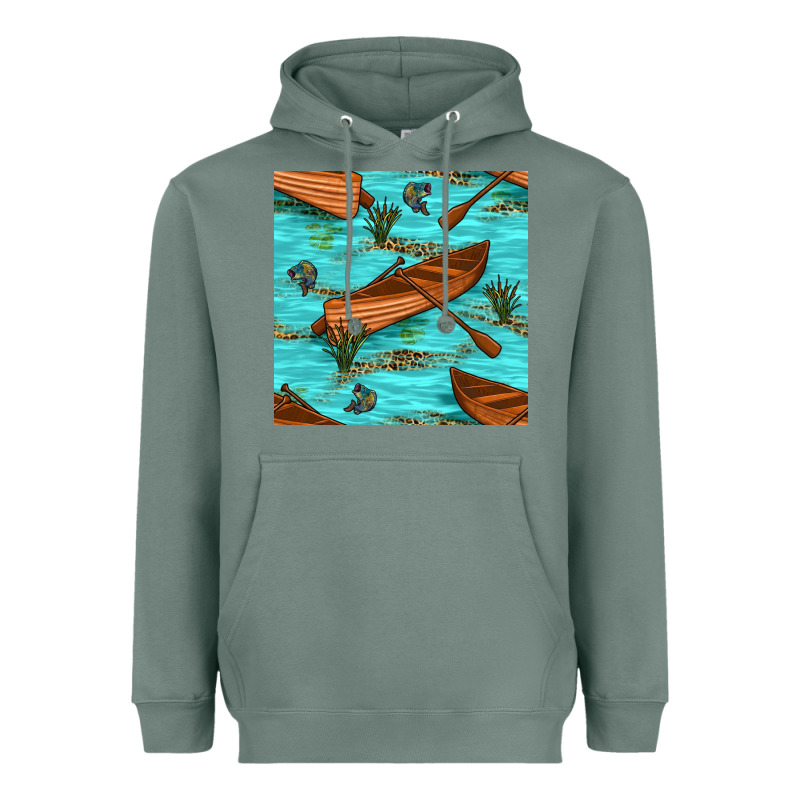 Lake Canoe And Fish With Reeds And Leopard Seamless Pattern Bbs Heavyweight Hoodie by BundleAndBundleShop | Teevron