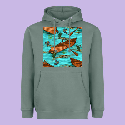 Lake Canoe And Fish With Reeds And Leopard Seamless Pattern Bbs Heavyweight Hoodie Designed By Bundleandbundleshop