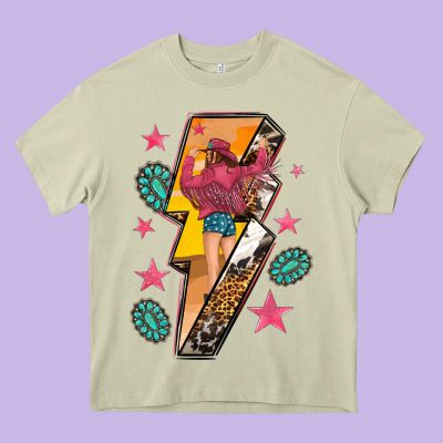 Cowgirl With Lightning Bolt Heavy Core Tee Designed By Texasbilliewilder