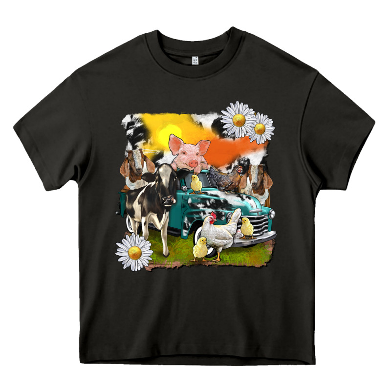 Cowhide Farm Truck With Farm Animals Heavy Core Tee by texasbilliewilder | Teevron