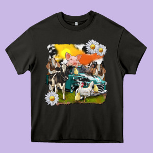 Cowhide Farm Truck With Farm Animals Heavy Core Tee Designed By Texasbilliewilder