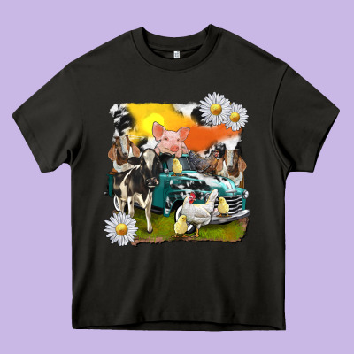 Cowhide Farm Truck With Farm Animals Heavy Core Tee Designed By Texasbilliewilder