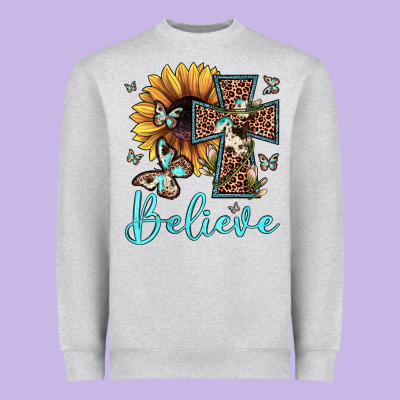 Believe Leopard Cross Sunflower Butterfly Heavyweight Sweatshirt Designed By Jahusdesignshop