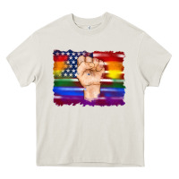 Cream lgbtq flag and american flag with hand Heavy Core Tee - Artiststas