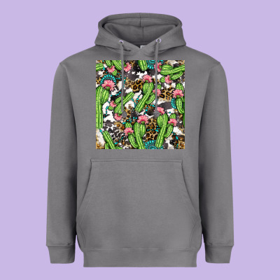 Western Cactus And Turquoise Gemstone With Leopard And Cowhide Seamles Heavyweight Hoodie Designed By Bundleandbundleshop