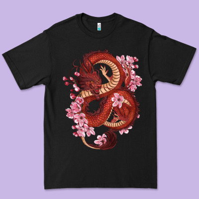 Premium Tee red dragon and sakura cherry blossoms