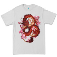 Dove Grey red dragon and sakura cherry blossoms Premium Tee - RanaPortraitStore