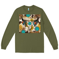 Army Green cowhide leopard bull skull gemstone Long Sleeve Tee - NancyCooperArtShop