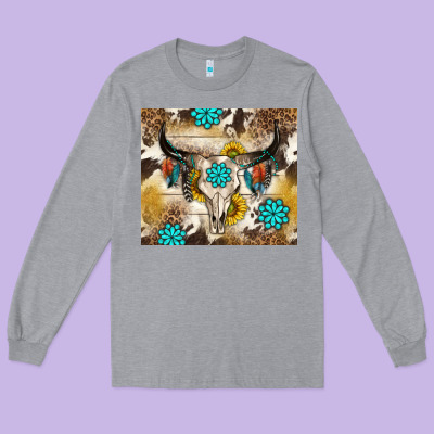 Cowhide Leopard Bull Skull Gemstone Long Sleeve Tee Designed By Nancycooperartshop