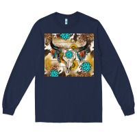 Navy cowhide leopard bull skull gemstone Long Sleeve Tee - NancyCooperArtShop