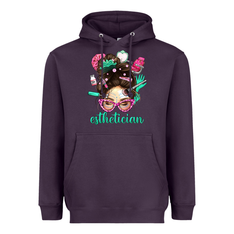 Esthetician Messy Bun With Pink Leopard Glasses Bbs Heavyweight Hoodie by BundleAndBundleShop | Teevron