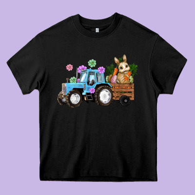 Heavy Core Tee Happy Easter Tractor with Bunny Flowers and Carrot