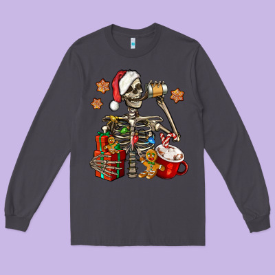 Christmas Skeleton Coffee Long Sleeve Tee Designed By Jasminsmagicworld