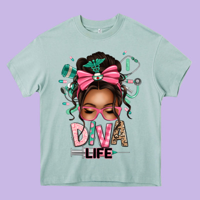 Afro Messy Bun Diva Life Heavy Core Tee Designed By Texasbilliewilder