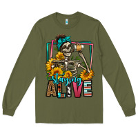 Army Green staying alive coffee drinking skeleton Long Sleeve Tee - Jasminsmagicworld