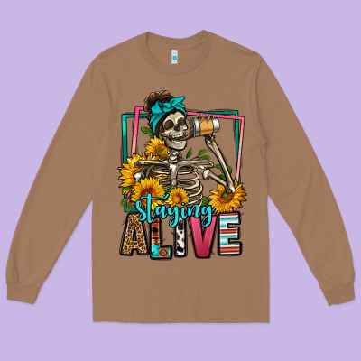 Staying Alive Coffee Drinking Skeleton Long Sleeve Tee Designed By Jasminsmagicworld