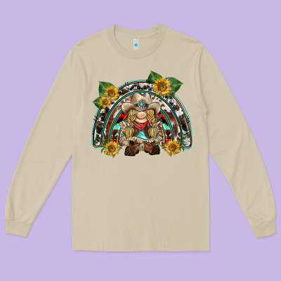 Western Gnome Sunflowers Rainbow Long Sleeve Tee Designed By Barkaloodesign