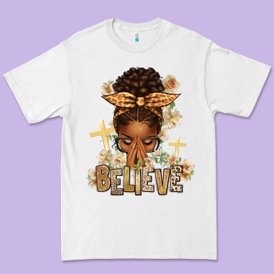 Premium Tee believe praying afro messy bun