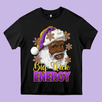 Heavy Core Tee big nick energy purple and gold afro santa