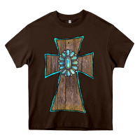 Chocolate Brown Wood Turquoise Gemstone Cross Heavy Core Tee - RanaPortraitStore