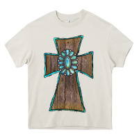 Cream Wood Turquoise Gemstone Cross Heavy Core Tee - RanaPortraitStore