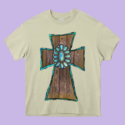 Heavy Core Tee Wood Turquoise Gemstone Cross