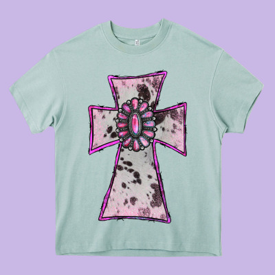 Heavy Core Tee Cowhide Pink Gemstone Cross