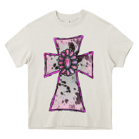 Cream Cowhide Pink Gemstone Cross Heavy Core Tee - RanaPortraitStore