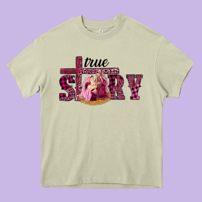 Heavy Core Tee Pink Christmas true story holy family