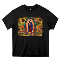 Black Sunflower Lady Of Guadalupe Distressed Background Heavy Core Tee - RanaPortraitStore