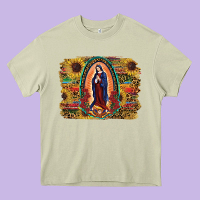 Heavy Core Tee Sunflower Lady Of Guadalupe Distressed Background