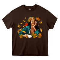 Chocolate Brown Fall afro woman with coffee Heavy Core Tee - RanaPortraitStore