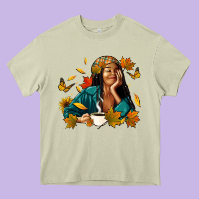 Heavy Core Tee Fall afro woman with coffee
