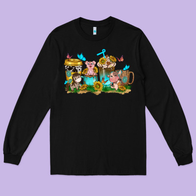 Farm Cute Animals With Sunflower Coffee Cups Long Sleeve Tee Designed By Nancycooperartshop